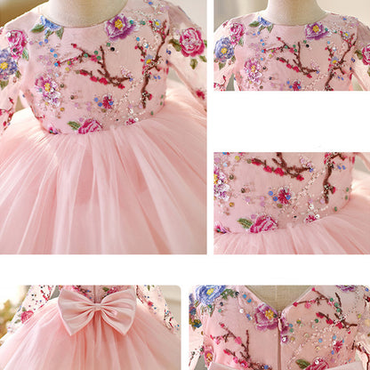 Floryme Embroidery Long Sleeves Knee-length Baby Girl Birthday Dress