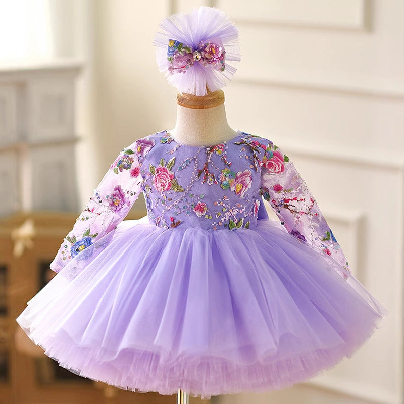 Floryme Embroidery Long Sleeves Knee-length Toddler Birthday Dress