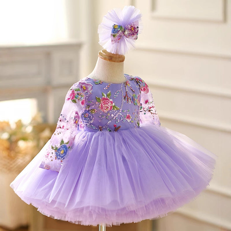 Floryme Embroidery Long Sleeves Knee-length Toddler Birthday Dress