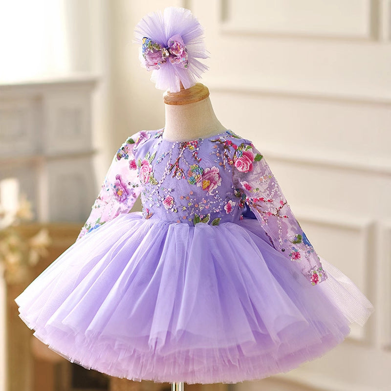 Floryme Embroidery Long Sleeves Knee-length Toddler Birthday Dress