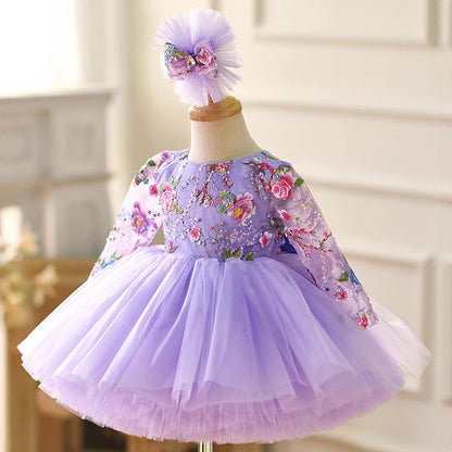 Floryme Embroidery Long Sleeves Knee-length Toddler Birthday Dress