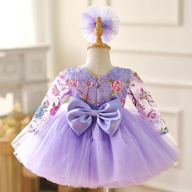 Floryme Embroidery Long Sleeves Knee-length Toddler Birthday Dress