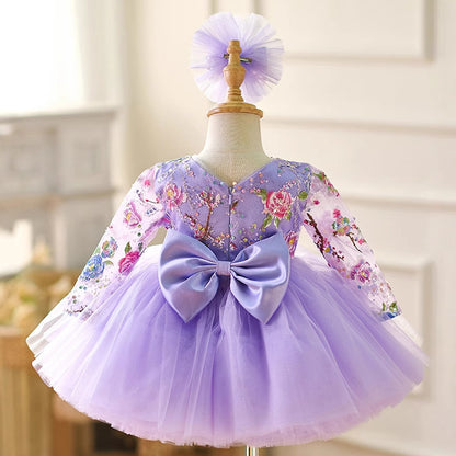 Floryme Embroidery Long Sleeves Knee-length Toddler Birthday Dress