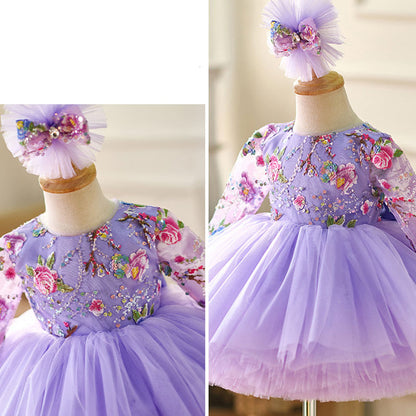 Floryme Embroidery Long Sleeves Knee-length Toddler Birthday Dress