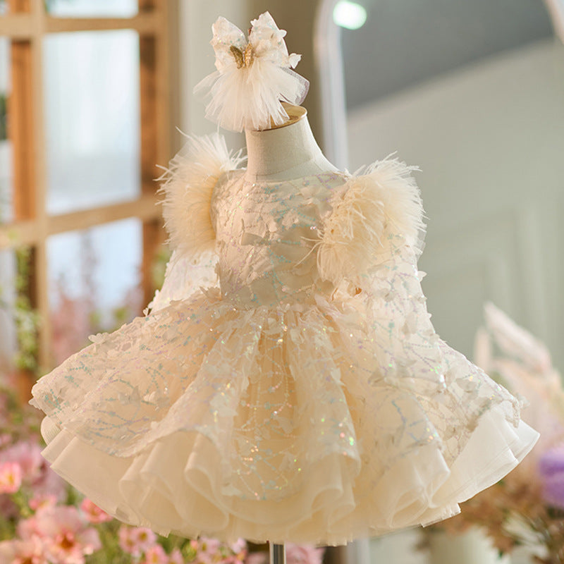 Floryme Bow Sequined Tulle Knee-length Toddler Birthday Dress