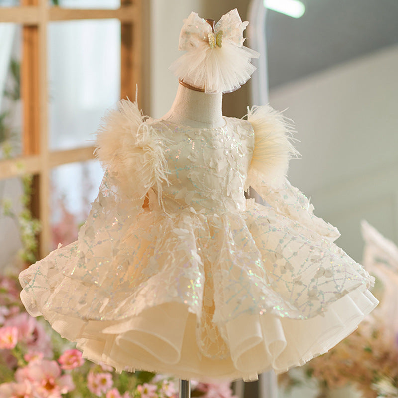 Floryme Bow Sequined Tulle Knee-length Toddler Birthday Dress