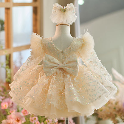 Floryme Bow Sequined Tulle Knee-length Toddler Birthday Dress