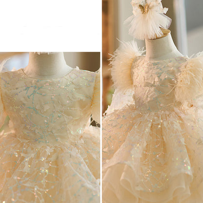 Floryme Bow Sequined Tulle Knee-length Toddler Birthday Dress