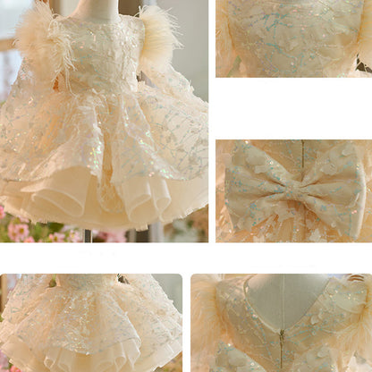 Floryme Bow Sequined Tulle Knee-length Toddler Birthday Dress