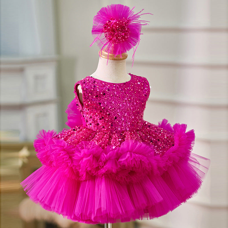Floryme Bow Sequined Knee-length Baby Girl Birthday Dress