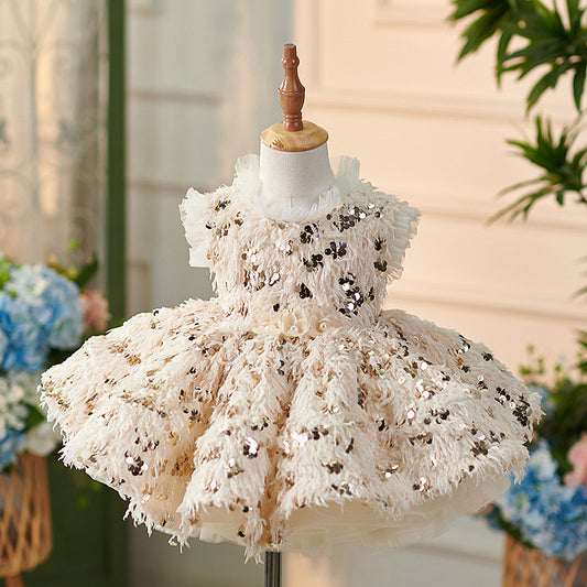 Floryme Princess Sequins Feather Knee-length Baby Girl Birthday Dress