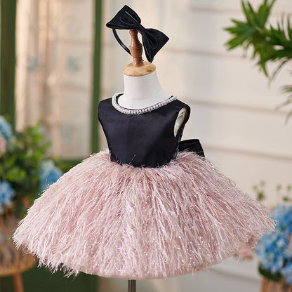 Floryme Bow Feather Knee-length Toddler Birthday Dress