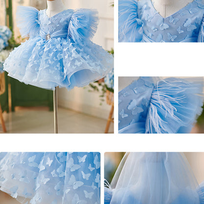 Floryme 3D Butterfly Knee-length Puffy Sleeves Toddler Birthday Dress