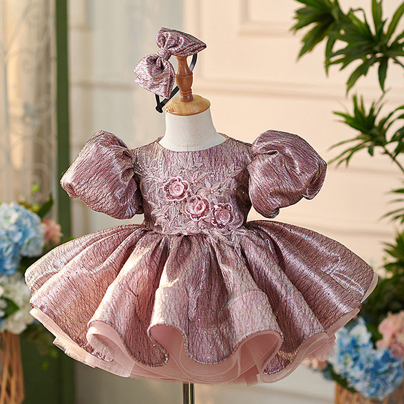 Floryme Embroidery 3D-Flower Satin Knee-length Baby Girl Birthday Dress