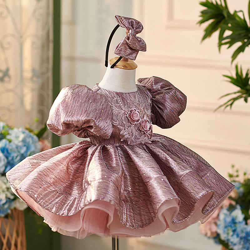 Floryme Embroidery 3D-Flower Satin Knee-length Baby Girl Birthday Dress