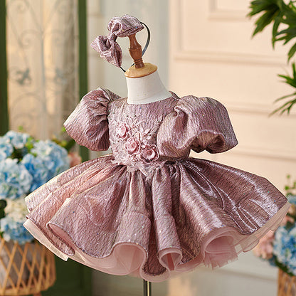 Floryme Embroidery 3D-Flower Satin Knee-length Baby Girl Birthday Dress