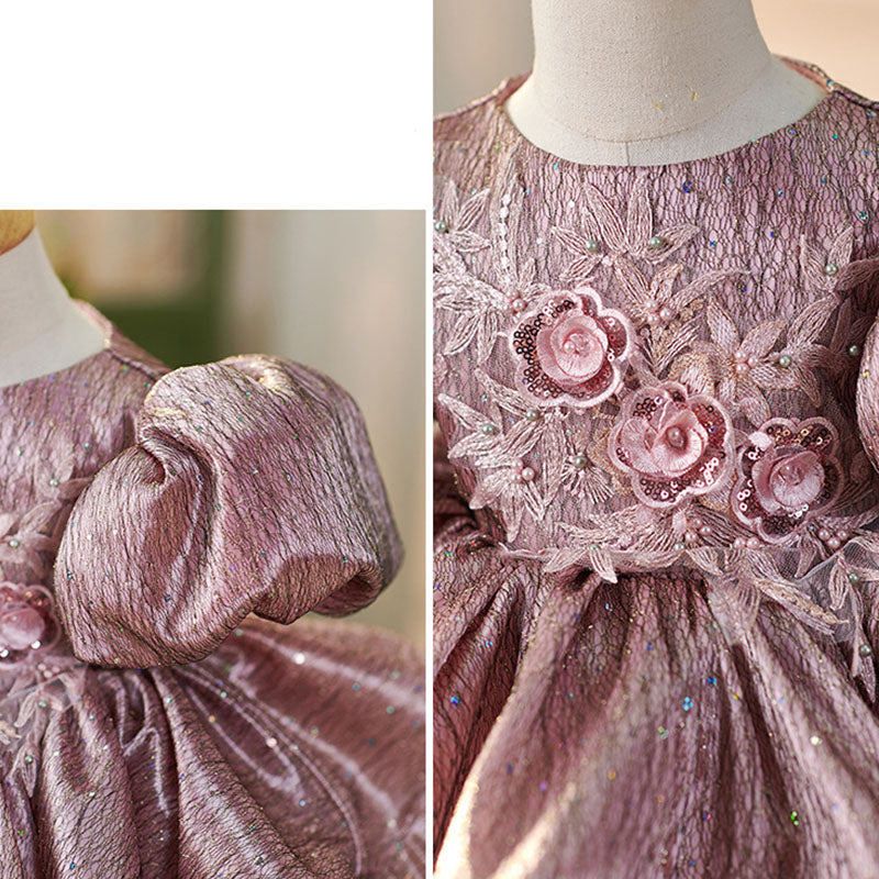 Floryme Embroidery 3D-Flower Satin Knee-length Baby Girl Birthday Dress