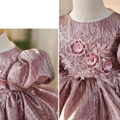Floryme Embroidery 3D-Flower Satin Knee-length Baby Girl Birthday Dress