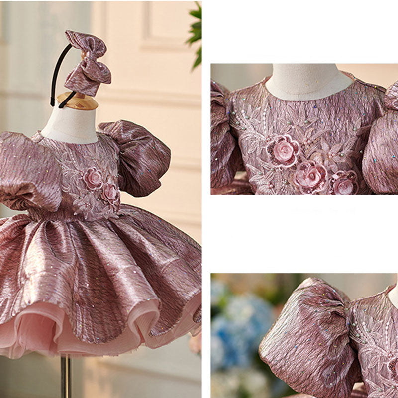 Floryme Embroidery 3D-Flower Satin Knee-length Baby Girl Birthday Dress