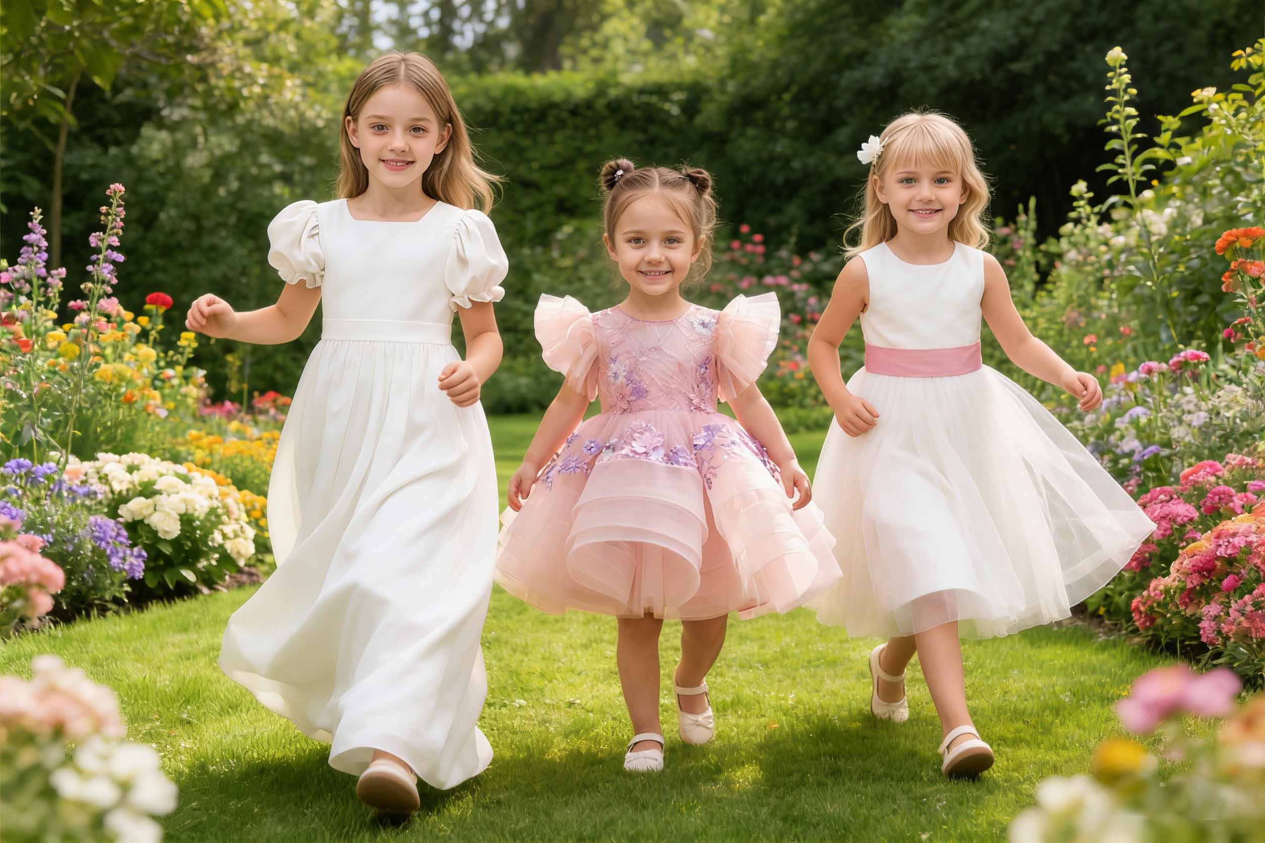 Three young girls in floral dresses walking in a garden with flowers around.